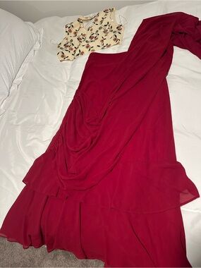 Red ready made Saree with Floral Blouse